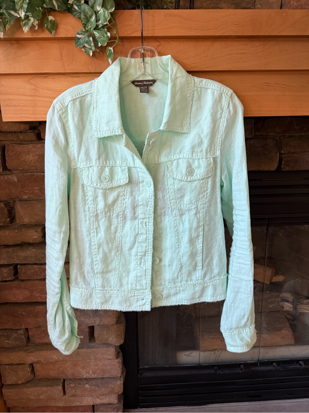 Tommy Bahama Mint Green 100% Linen Lightweight Jacket Pockets Raw Edge Size XS
